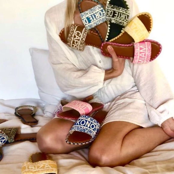 NWT DE SIENA CAPRI Designer Luxury Leather Glass Bead pool flats slides sandals - Picture 2 of 15